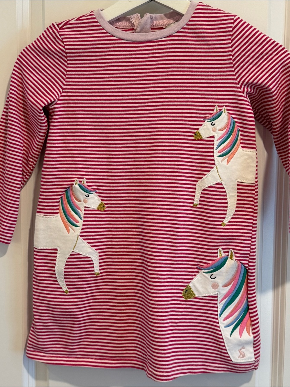 Joules Pink and White Striped Horse Appliqué Dress